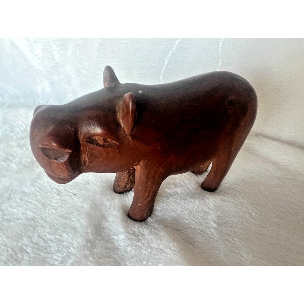 Hand Carved Wooden Hippopotamus Sculpture Folk Art Safari Decor Primitive Figure